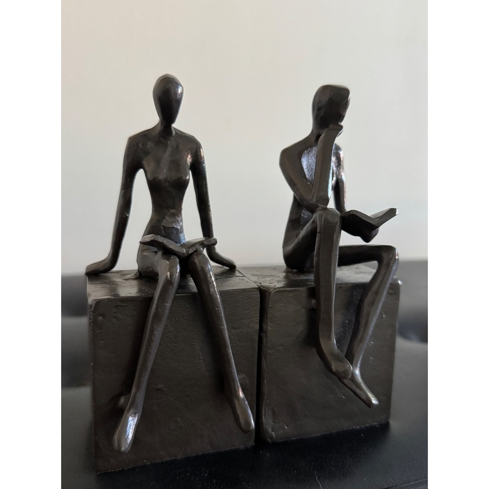Danya B Cast Iron Reading Figures Bookends Modernist Abstract Black Finish Set